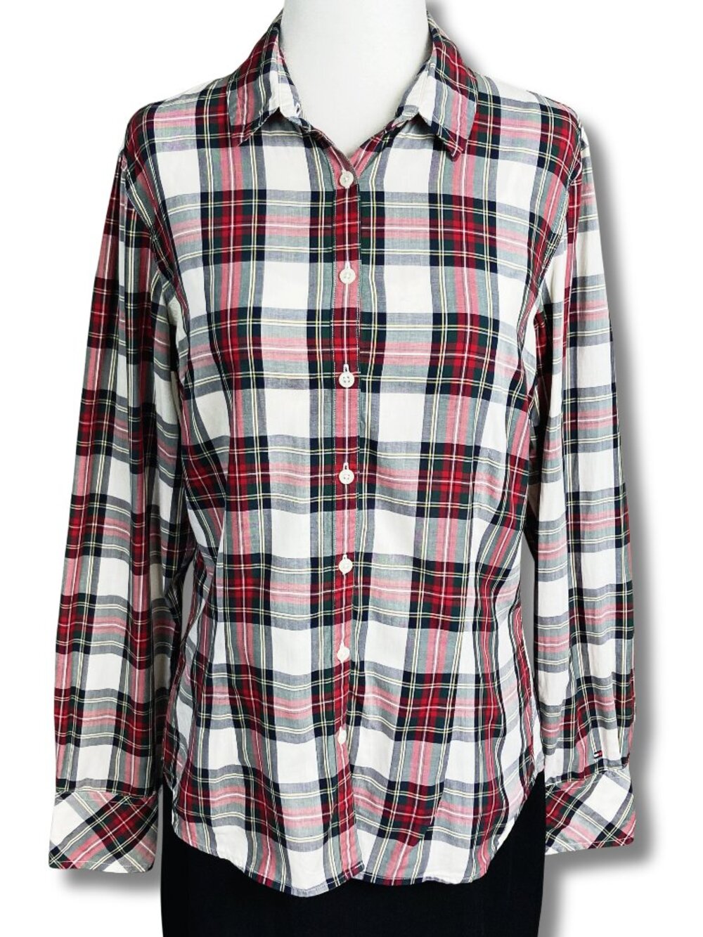 TOMMY HILFIGER Red green navy blue white plaid button-down shirt MEDIUM blouse
